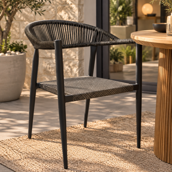Silla de terraza Kampo de aluminio negro con asiento y respaldo trenzado