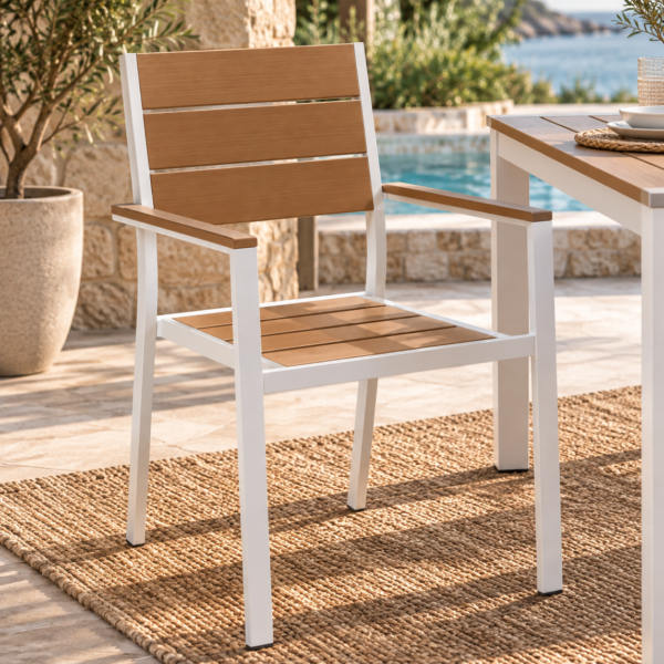 Silla de terraza Malaca de aluminio blanco y madera de acacia con reposabrazos