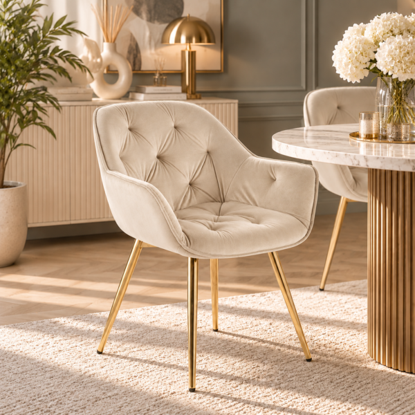 Elegante comedor en tonos beige y dorados