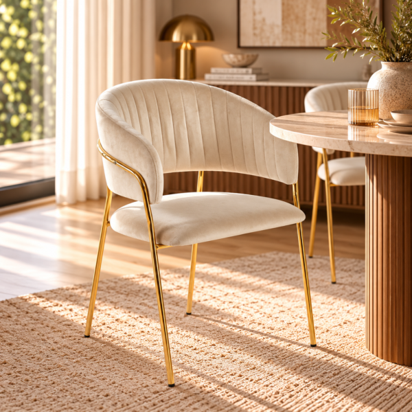 Sillón crema junto a mesa dorada
