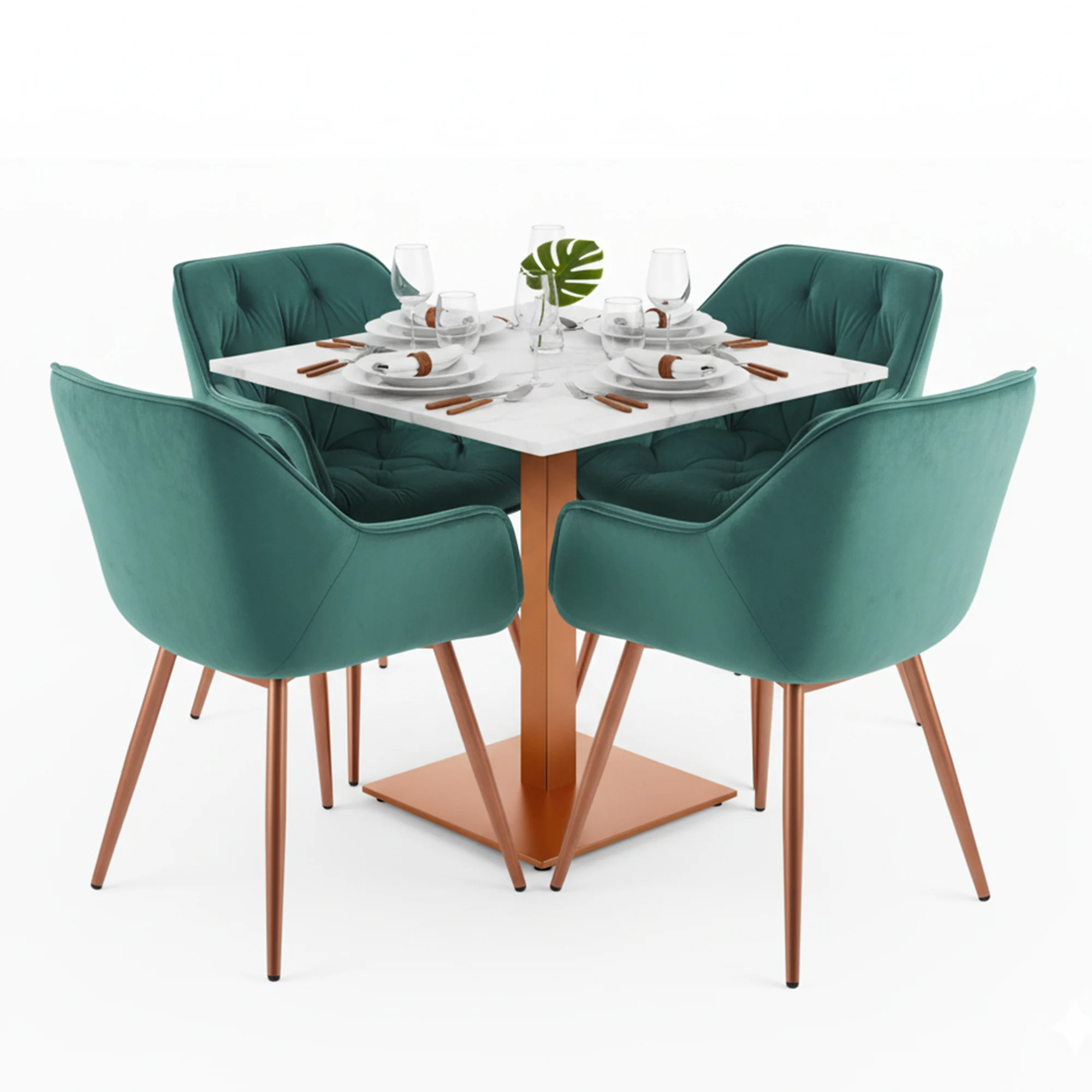 sillas y mesas pie central cobre