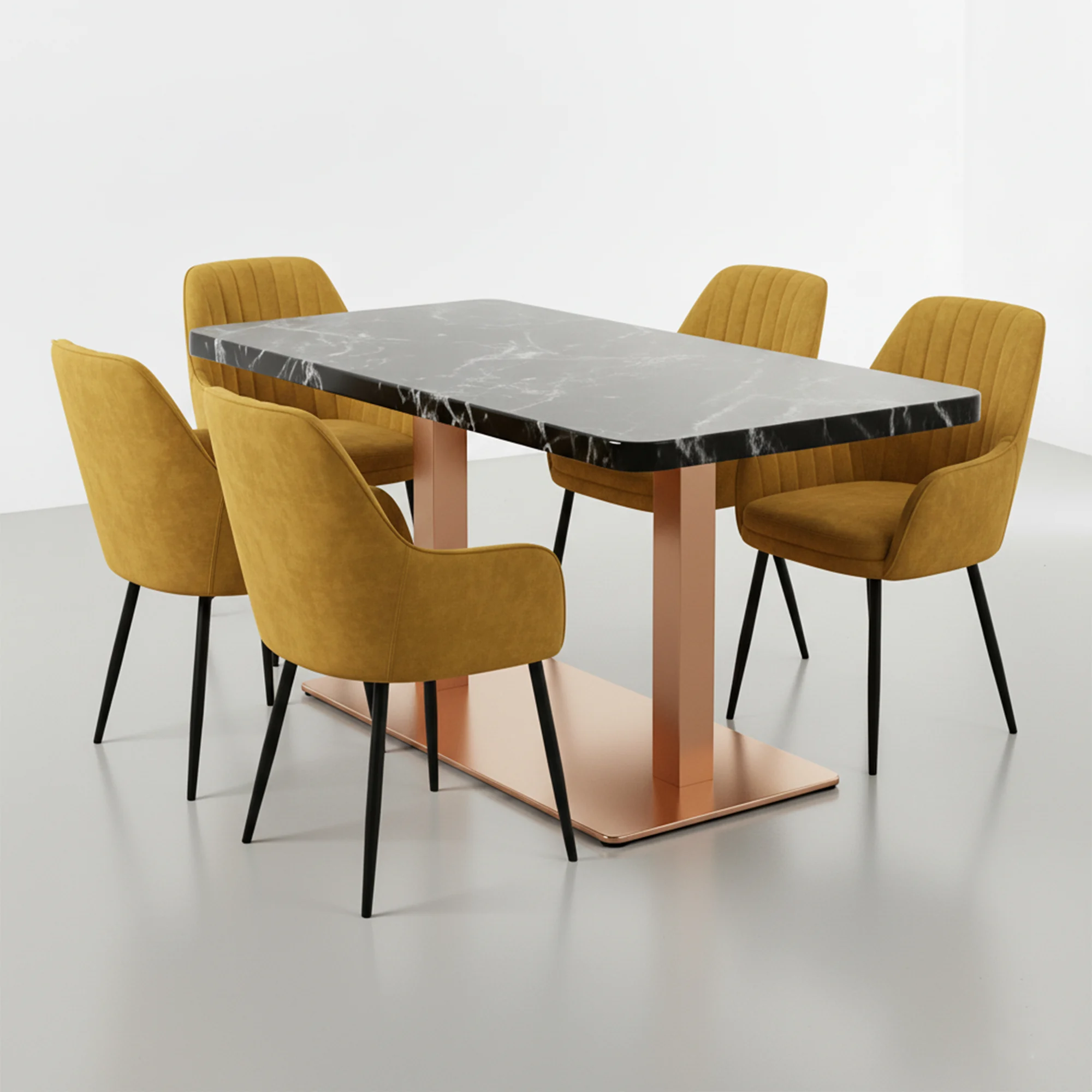 sillas y mesa rectangular con pie central