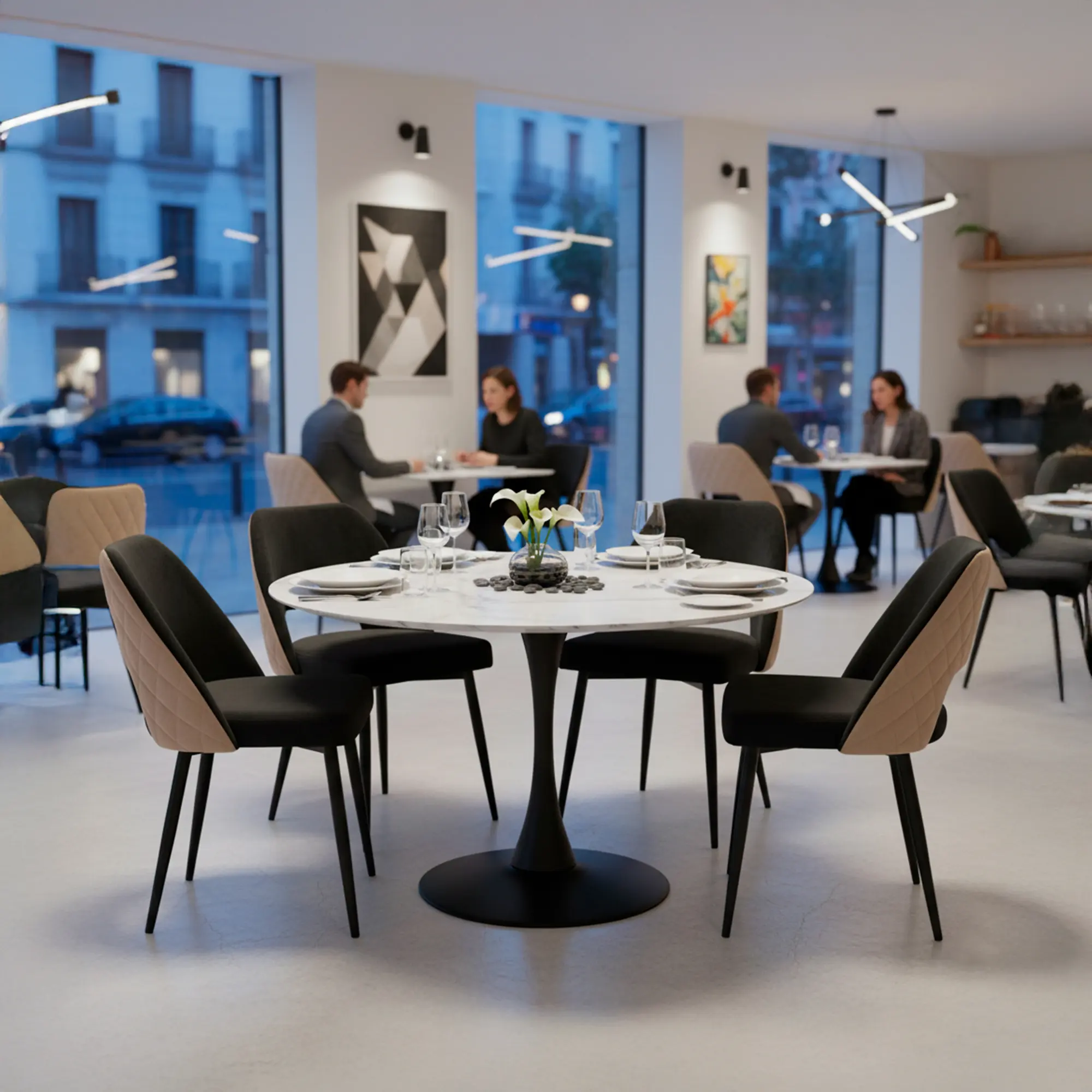 mesa y sillas tapizadas restaurante