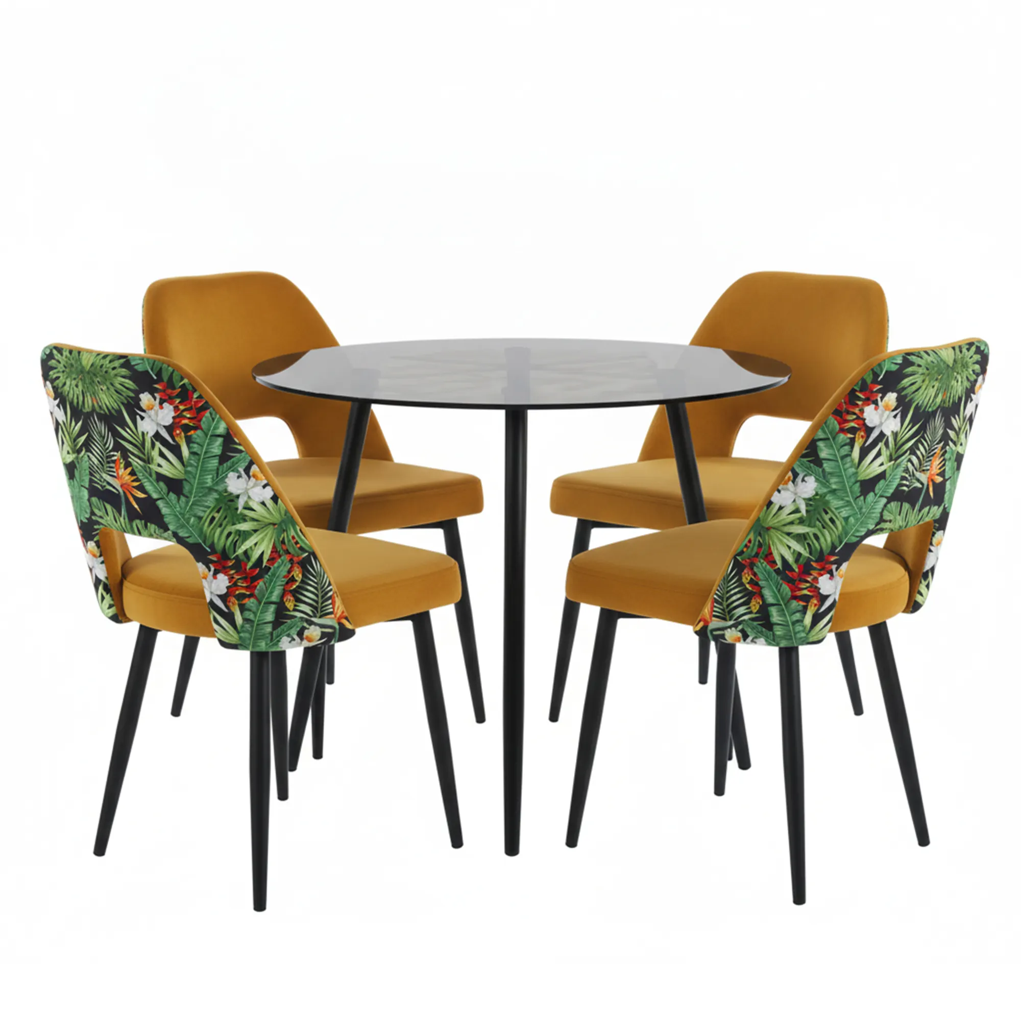 sillas terciopelo y mesa bar