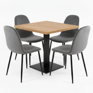 mesa croma y sillas terciopelo gris hosteleria