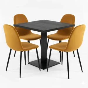 mesa y sillas terciopelo mostaza hosteleria