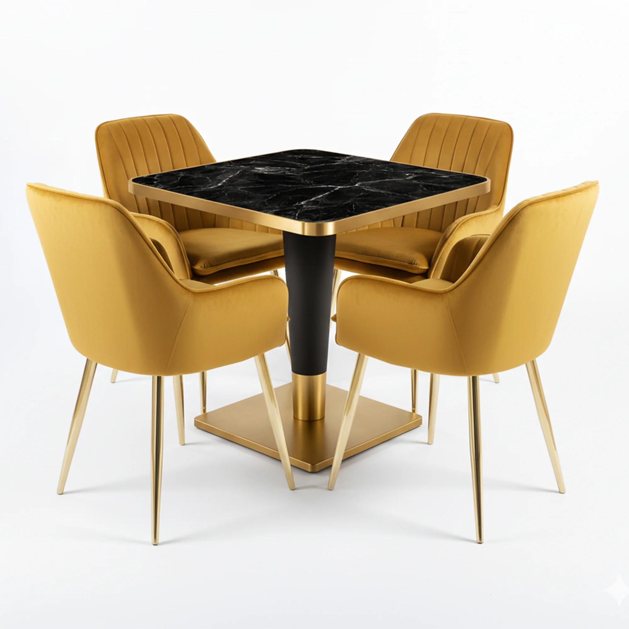 conjunto sillas y mesa cuadrada dorada hosteleria