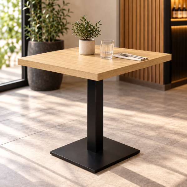 Mesa de roble iluminada en café moderno